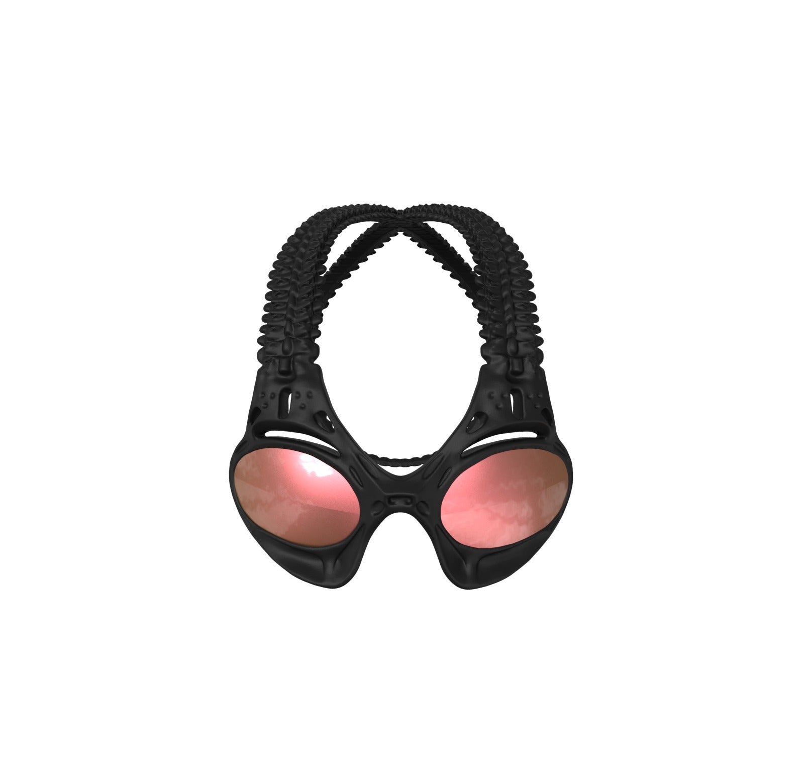 The Eternal Loop sunglasses by Machina - Wearable Technology feature textured, zigzag-patterned straps and mirrored pink lenses, showcased against a white background.