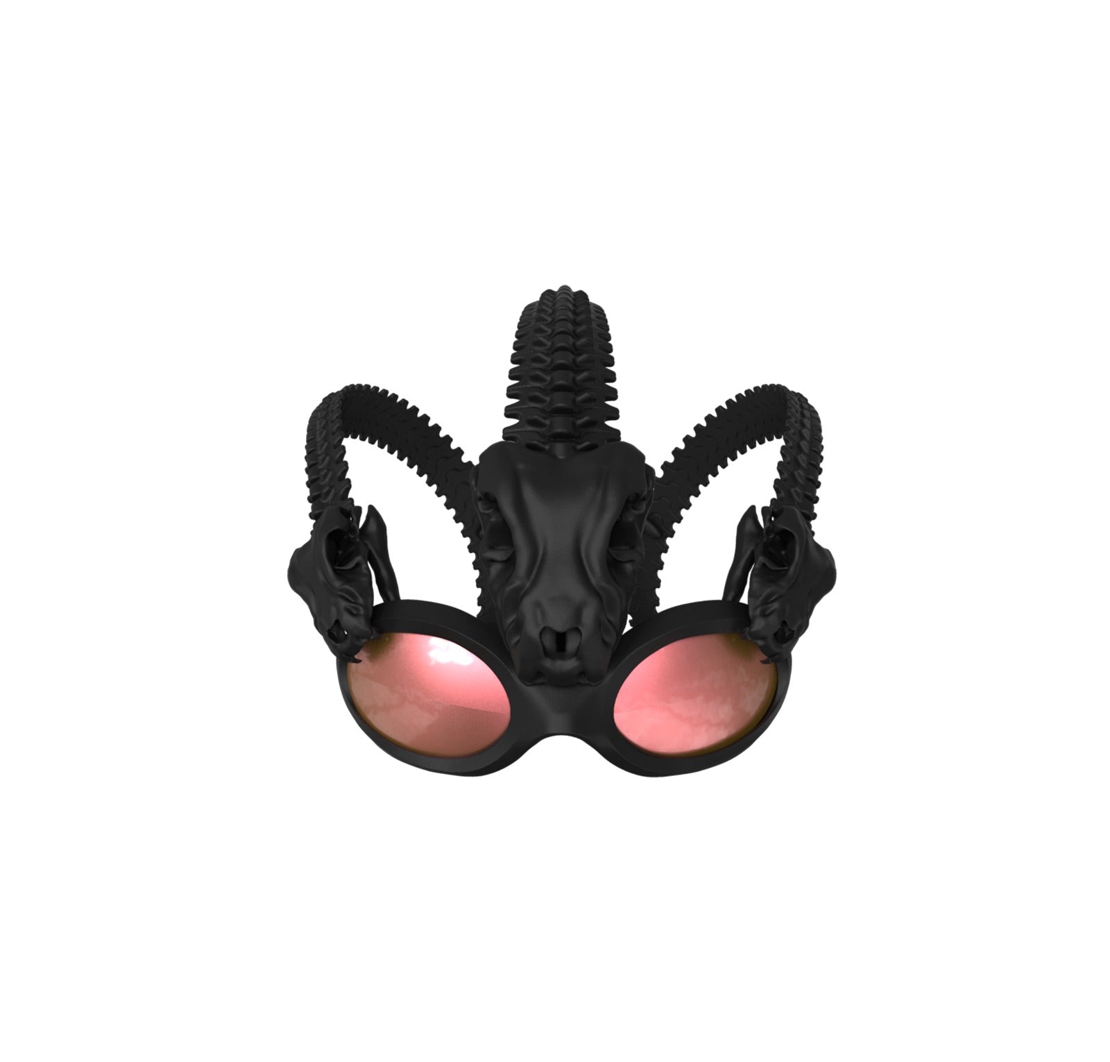 Tri-Serpent Specter Sunglasses by Machina - Wearable Technology feature black frames, pink-tinted lenses, and sculpted black ram skulls with curled horns, creating a bold and unforgettable relic-like statement against a white background.