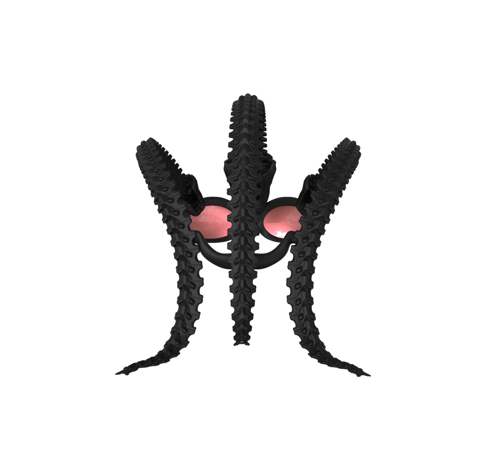 The Tri-Serpent Specter Sunglasses by Machina - Wearable Technology feature round, pink-tinted lenses encircled by four black, rugged tentacle-like tire treads, creating a surreal wearable relic on a white background.