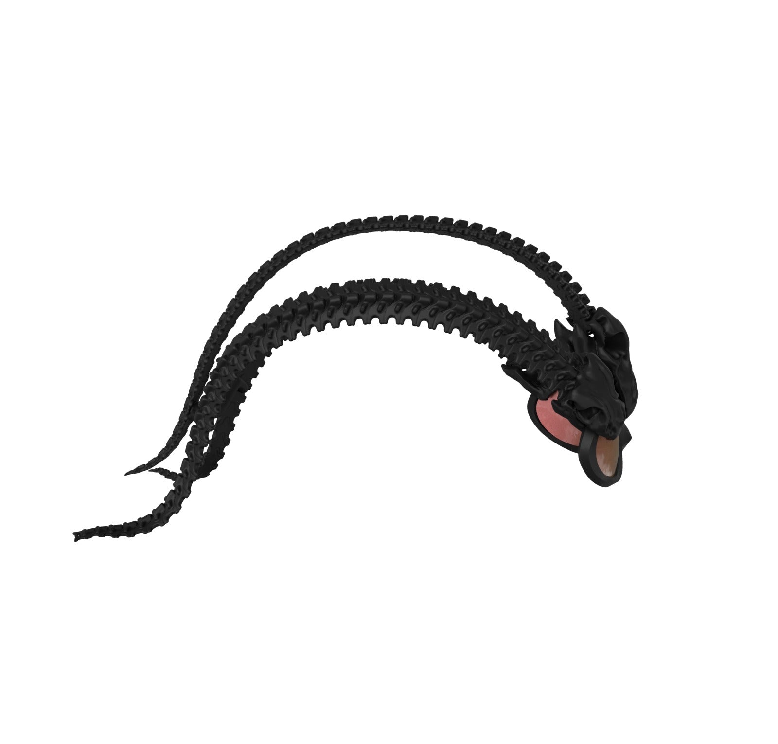 A black, segmented, serpent-inspired figure with two long tails and an exposed pink mouth resembles Machina - Wearable Technology's Tri-Serpent Specter Sunglasses, displayed on a plain white background.