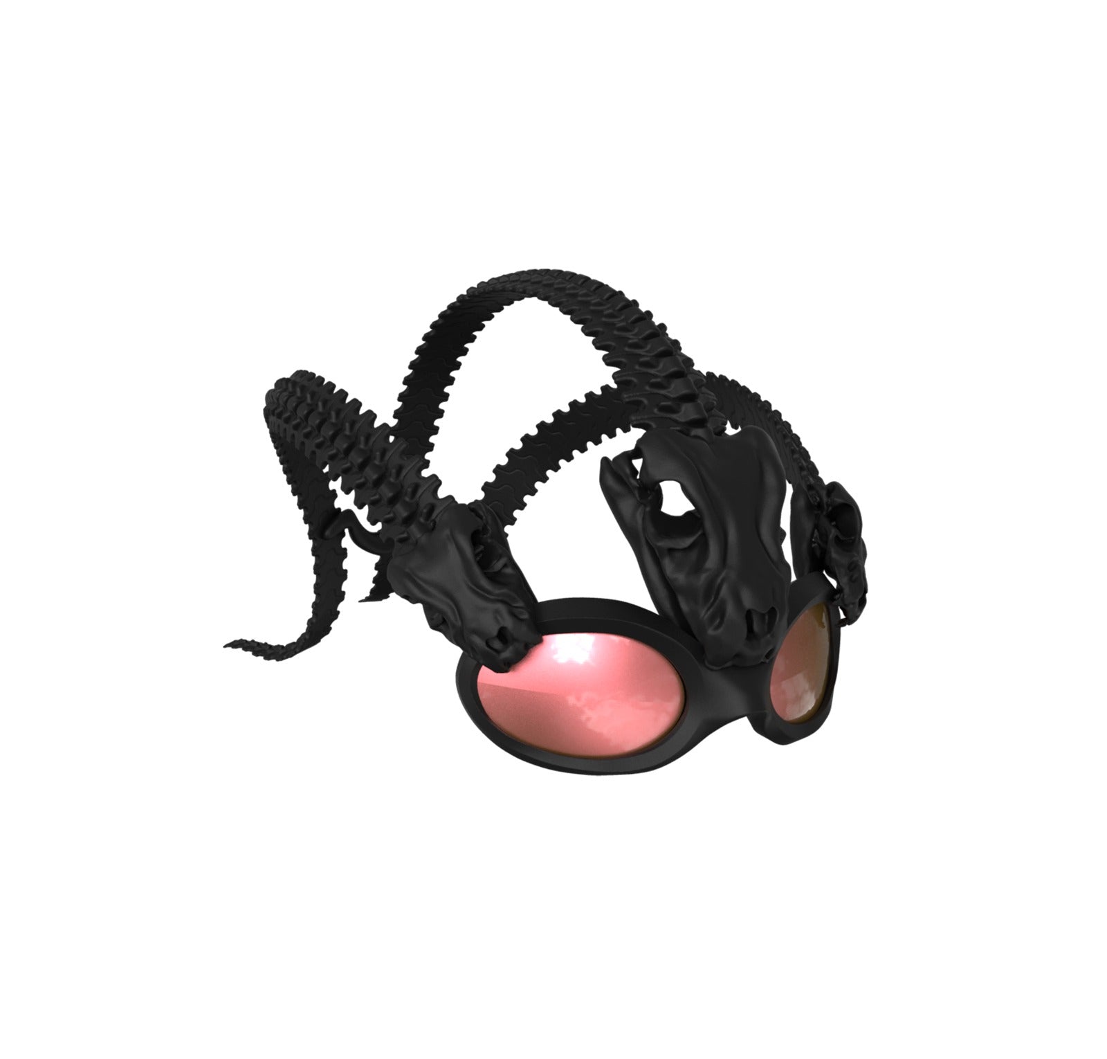 Black goggles with red-tinted lenses, three sculpted dragon heads, and ribbed straps—Machina - Wearable Technology’s Tri-Serpent Specter Sunglasses evoke a relic fused with experimental tech.