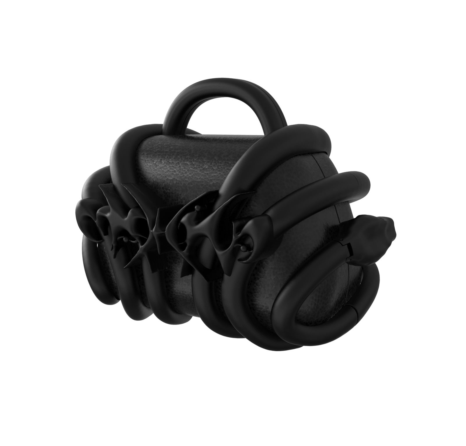 The Viper Loop Micro-Vault by Machina - Wearable Technology is a black handbag featuring a textured body and sculptural, glossy black straps that twist abstractly around the bag. Displayed against a plain white background.