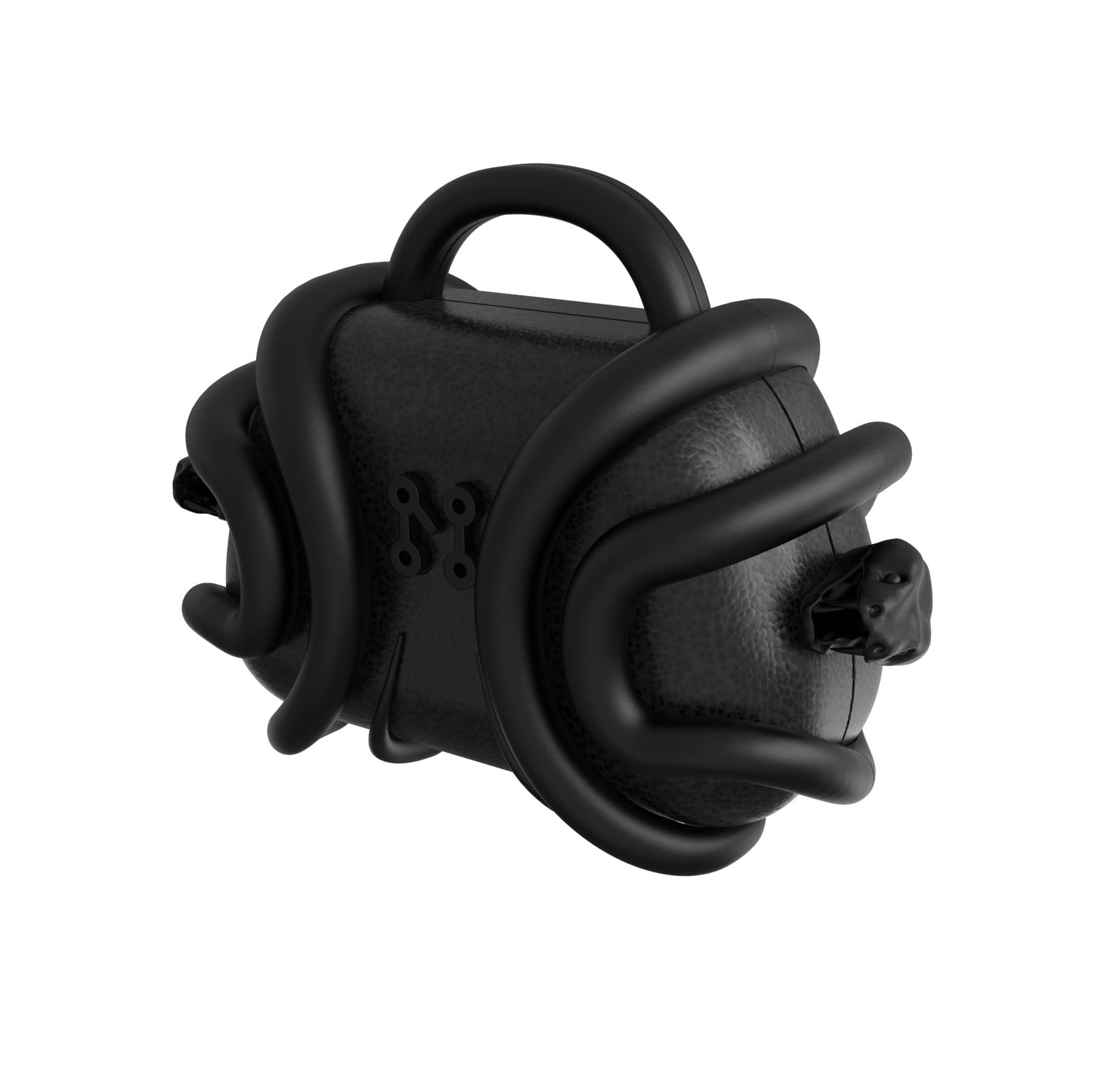 The Machina Viper Loop Micro-Vault is a black, rectangular handbag with rounded edges, thick sculptural handles, and abstract curved accents wrapping around the bag, shown against a white background.