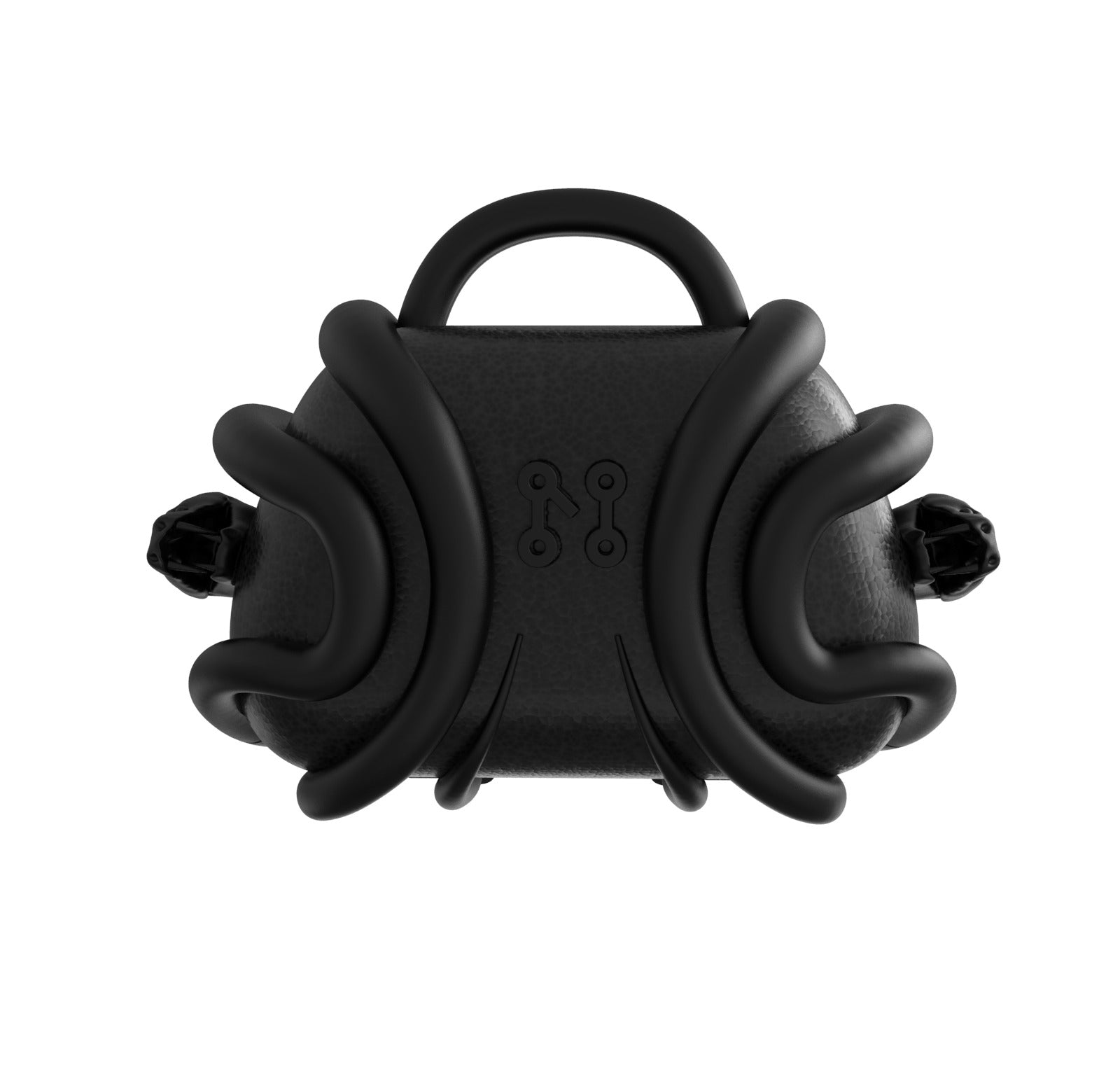 The Viper Loop Micro-Vault by Machina - Wearable Technology is a small black bag with curved, padded tubes and top handle, minimalist design, and abstract front logo, shown isolated on a white background.