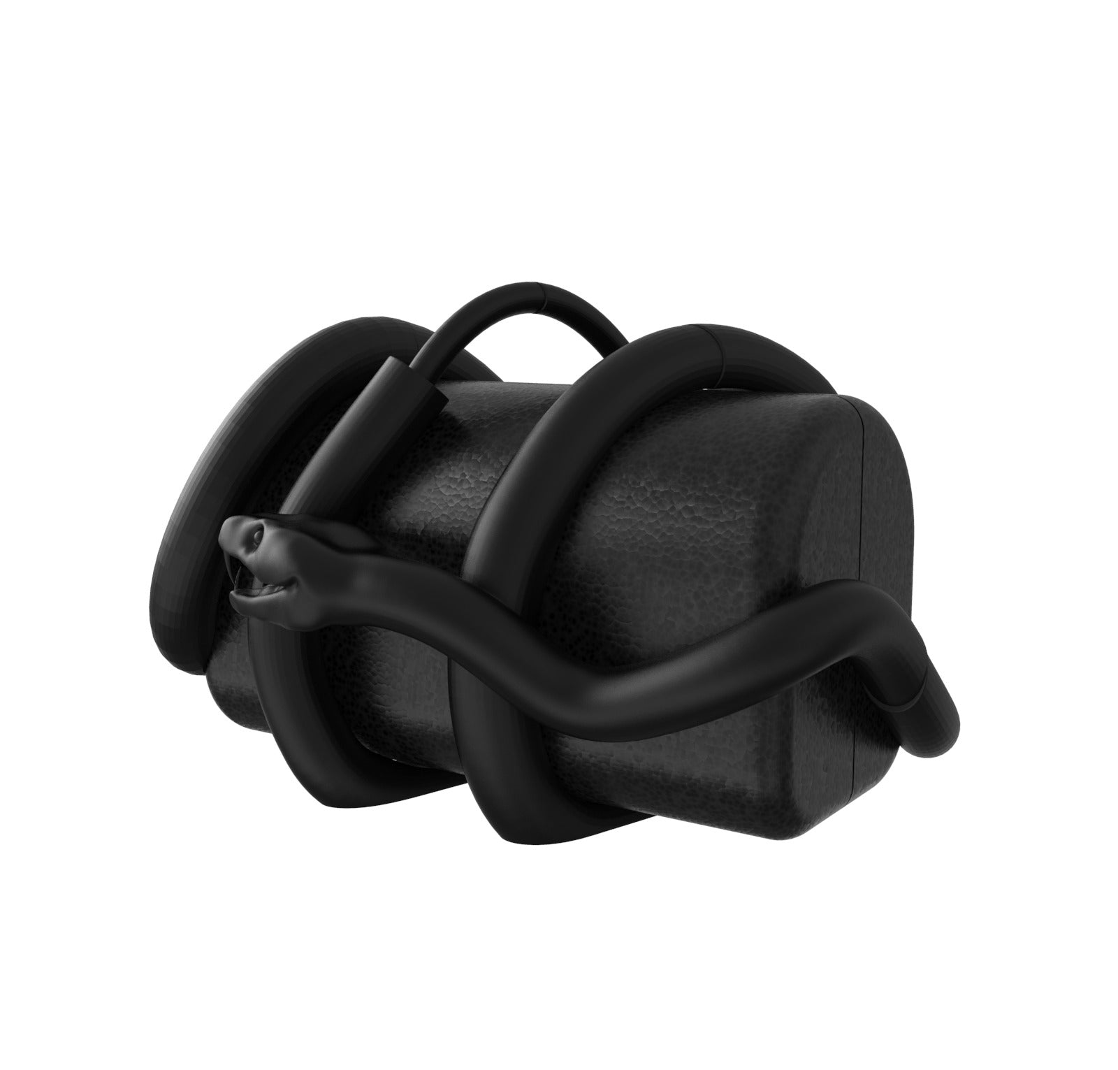 The Snakewrapped Tube Vault by Machina - Wearable Technology features a black snake coiled tightly around its sculptural, rounded micro-bag, with a visible head and textured surface for striking impact.