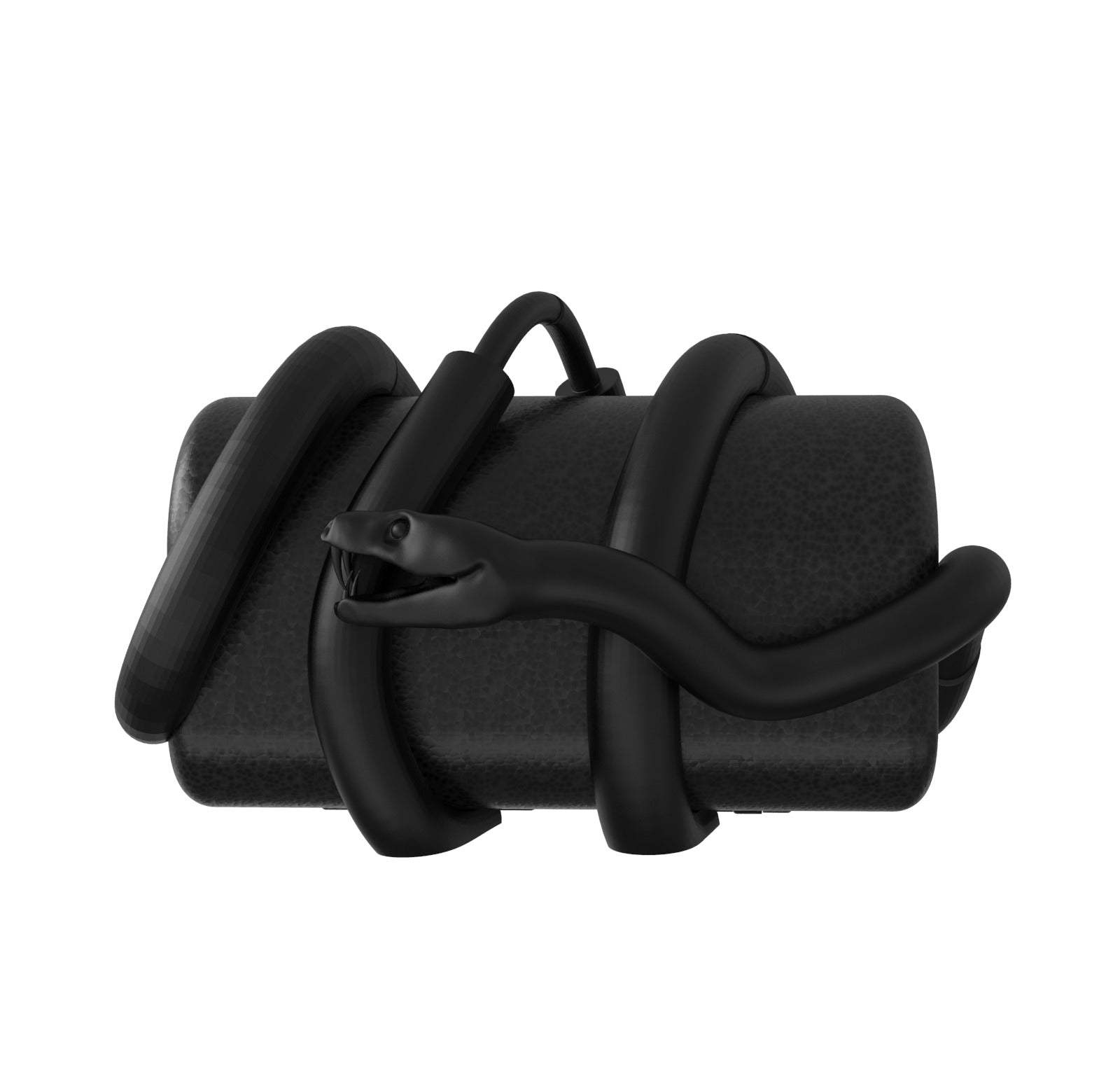 The Snakewrapped Tube Vault by Machina - Wearable Technology is a small black sculptural micro-bag, wrapped with a sculpted black snake coiling decoratively around it, photographed against a plain white background.