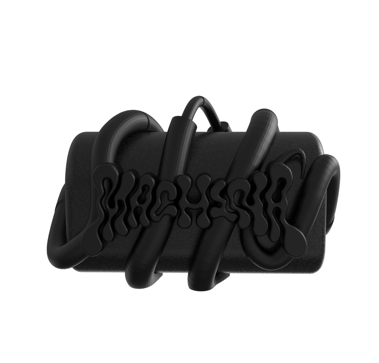 The Snakewrapped Tube Vault by Machina - Wearable Technology is a small black rectangular clutch with a bold, abstract wavy design inspired by MACHINA glyphs and "MACHYSGIRL" subtly raised in the pattern, set against a white backdrop.