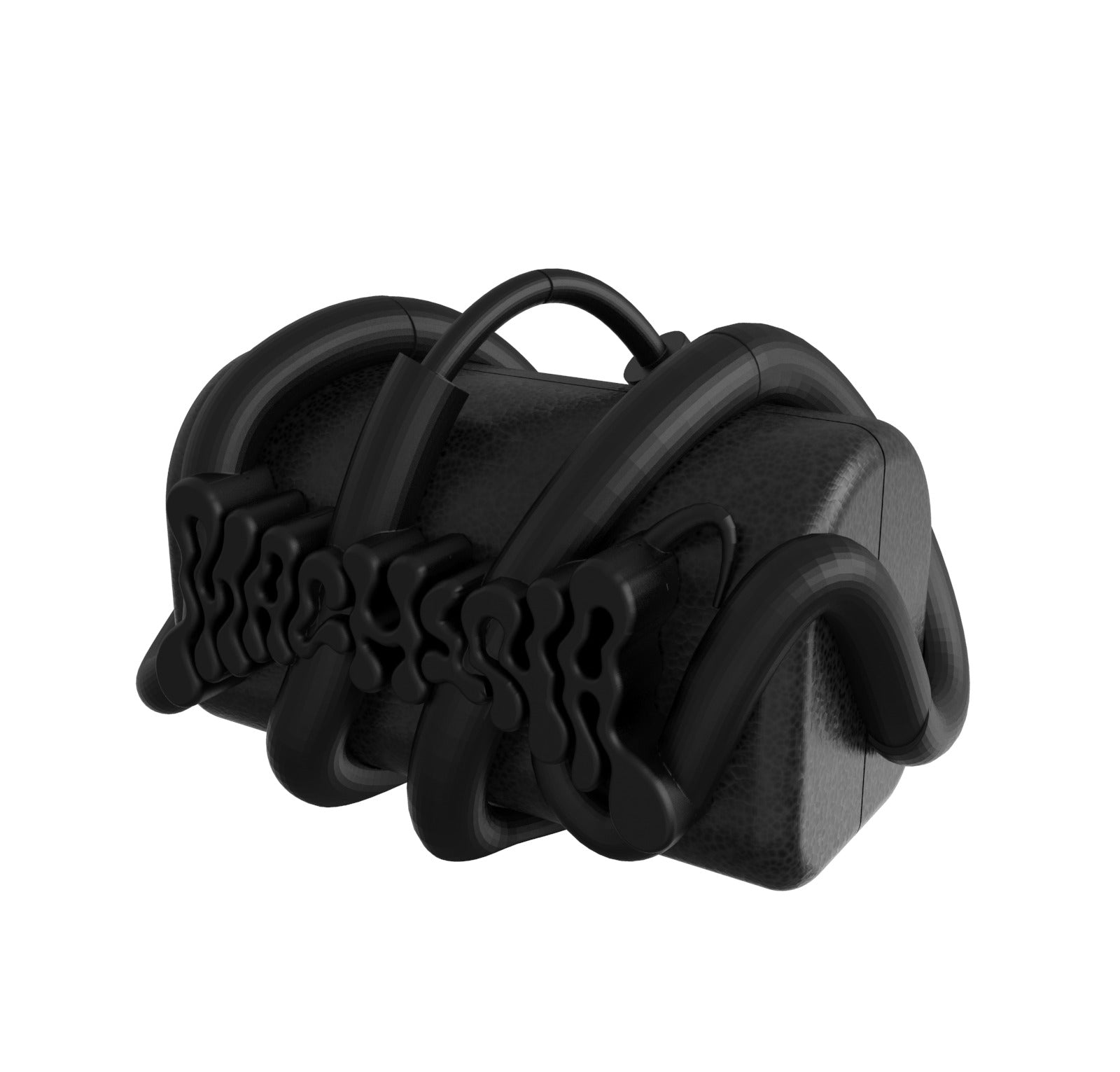 The Snakewrapped Tube Vault by Machina - Wearable Technology is a black, rectangular micro-bag with a short handle and bold, wavy MACHINA glyph accents on the sides and top, displayed against a plain white background.