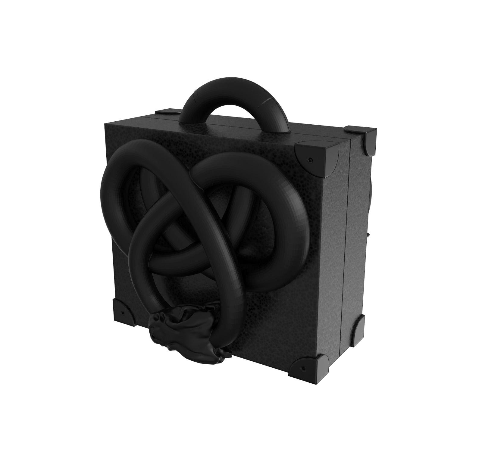 The Serpent Knot Square Vault by Machina - Wearable Technology is a black architectural hardcase suitcase with a handle, featuring a sculpted black snake coiled on the front and a snake head at the bottom, set against a white background.