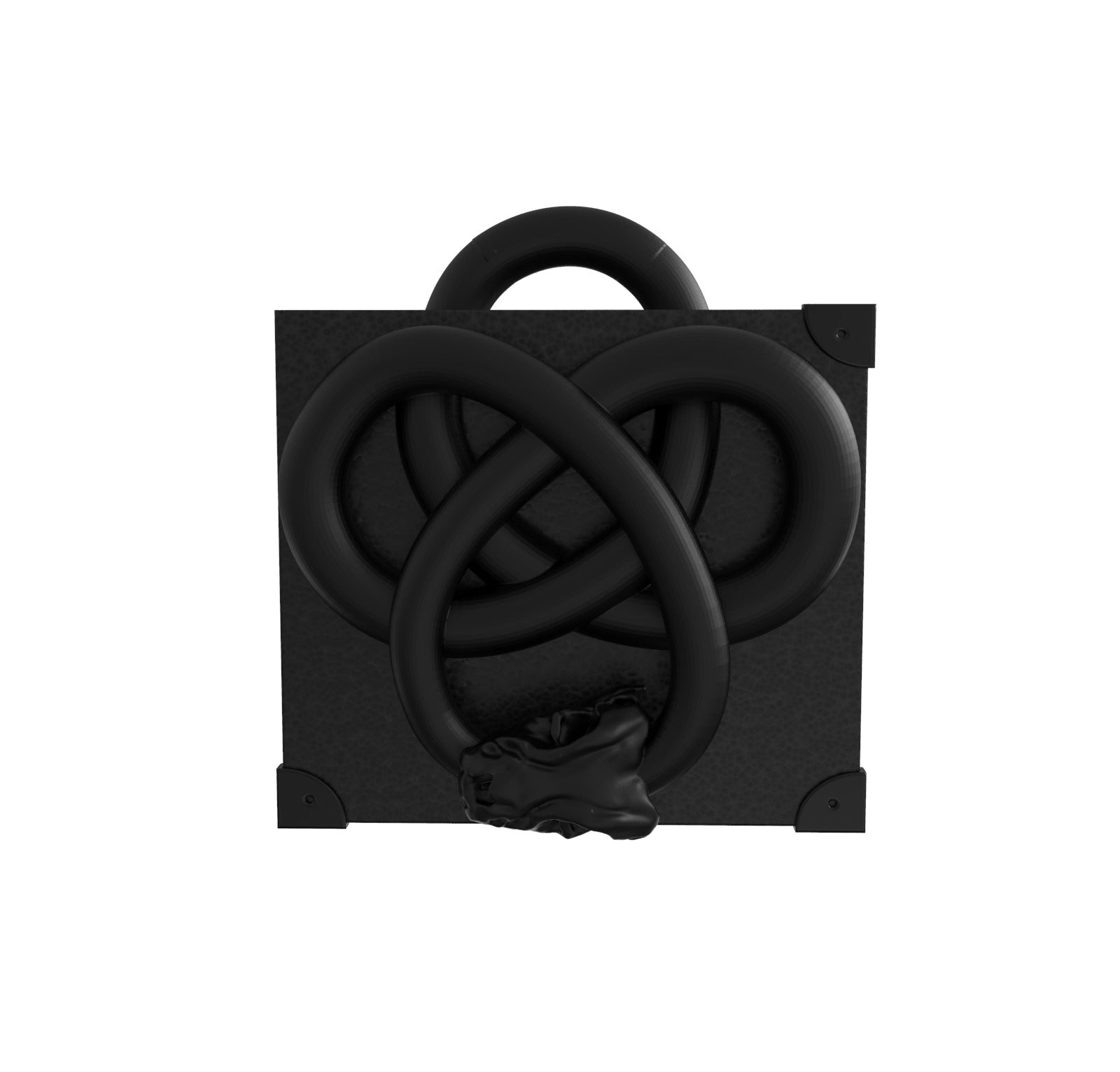 A black, knotted form from Machina - Wearable Technology’s Serpent Knot Square Vault rises from a square black base with metal brackets, set on white. The serpent-shaped head lies at the bottom of the knot.