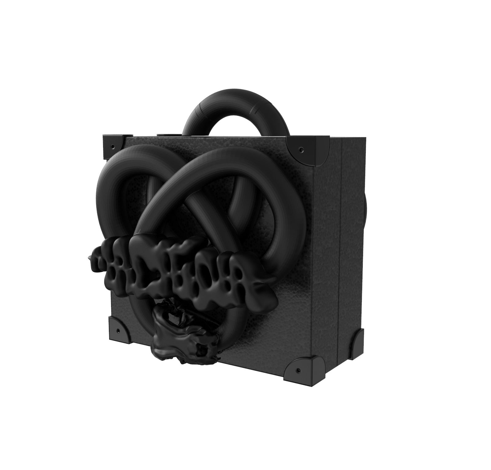 The Serpent Knot Square Vault by Machina - Wearable Technology is a black, textured hardcase with metal corners and curved, looping tubes on top/front. An abstract glossy black design accents the front, set against a white background.