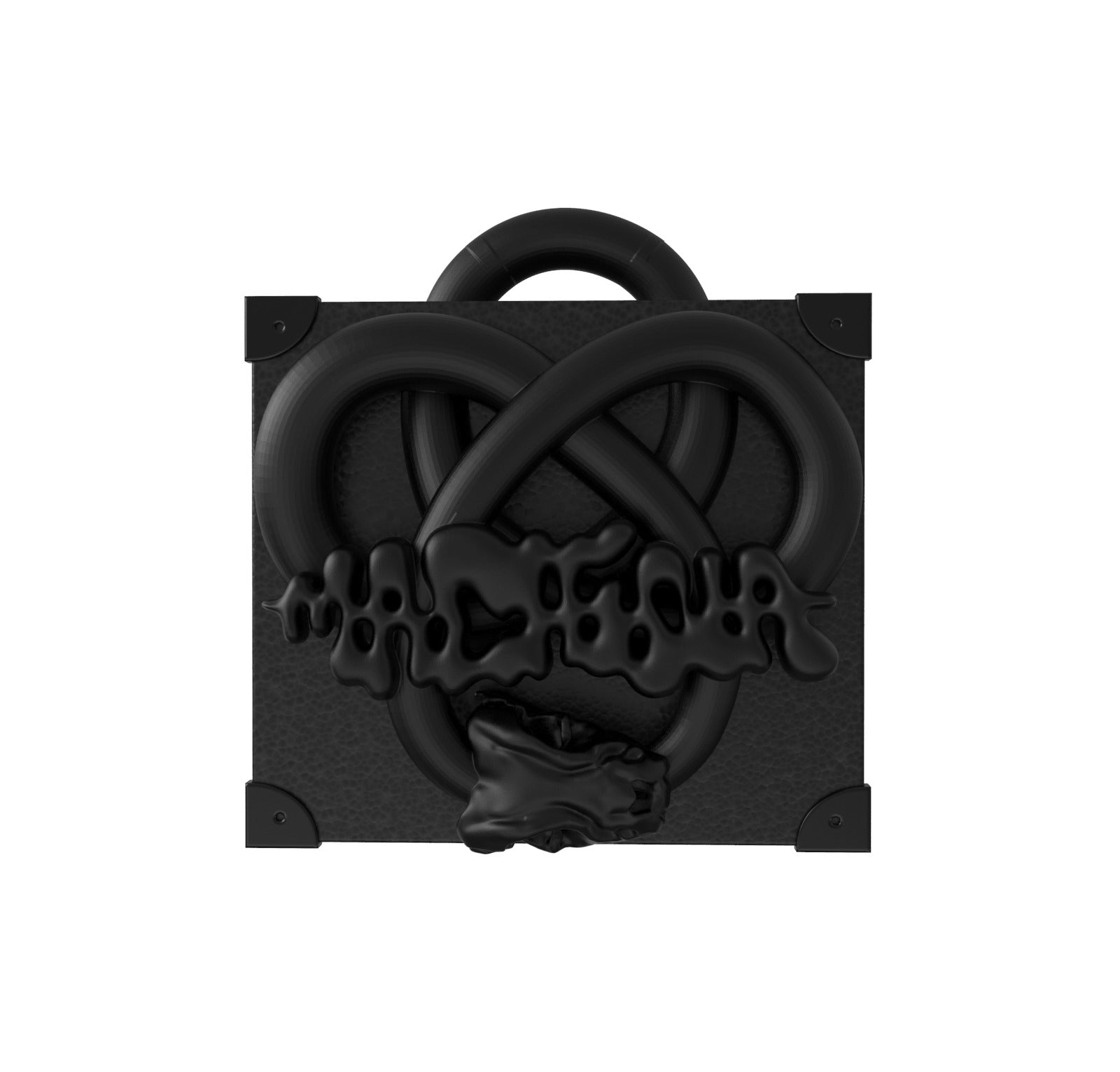 The Serpent Knot Square Vault by Machina - Wearable Technology is a black abstract sculpture with intertwined loops and a molten center, mounted on a square black panel with metal accents against a white background.
