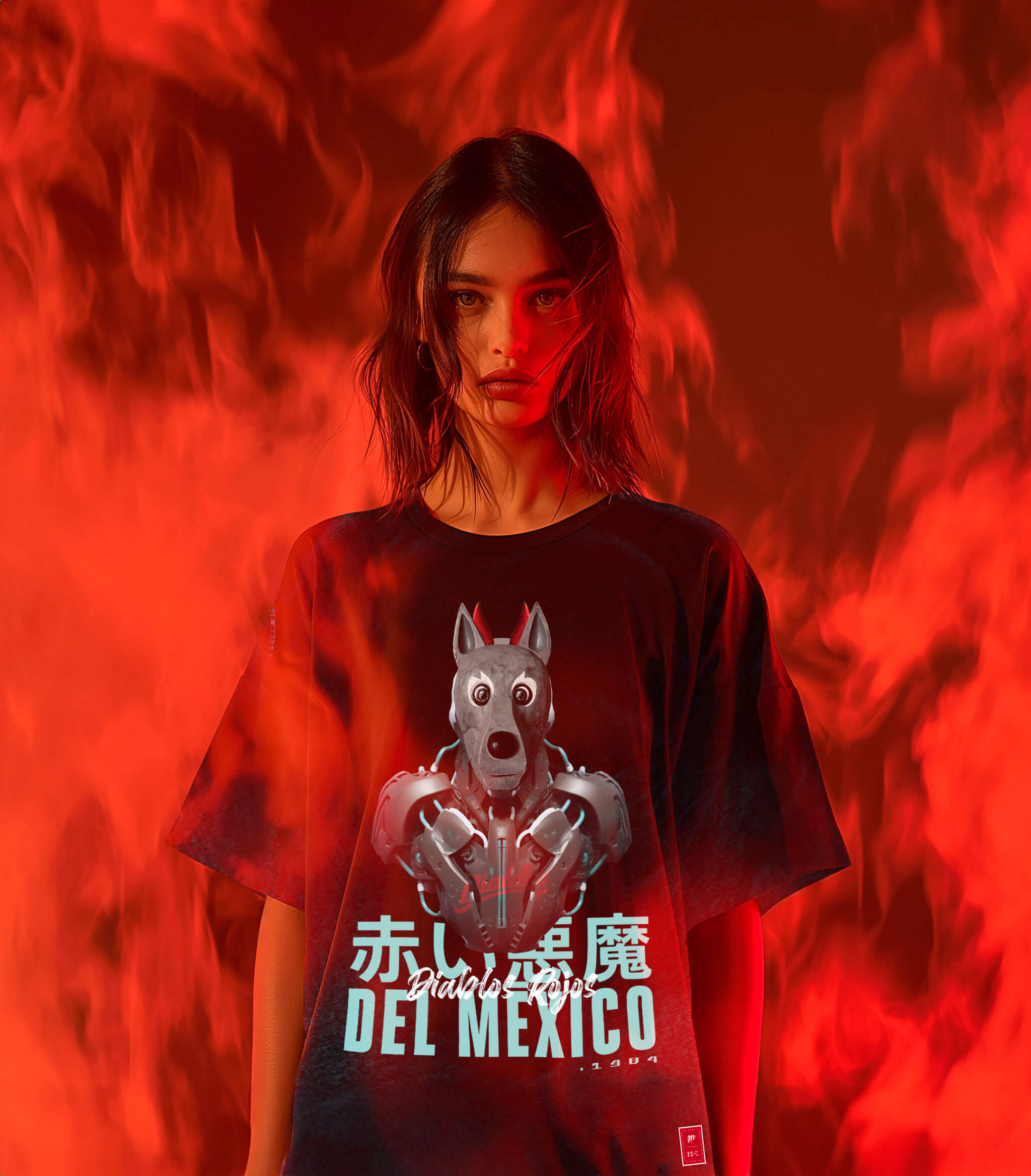 Against a backdrop of fiery red, a person wears the Rocco Mecha t-shirt by Machina - Wearable Technology, featuring a robotic dog and the bold phrase "Diablos Rojos del México." This striking scene vividly embodies the fierce spirit of the team and its iconic mascot.
