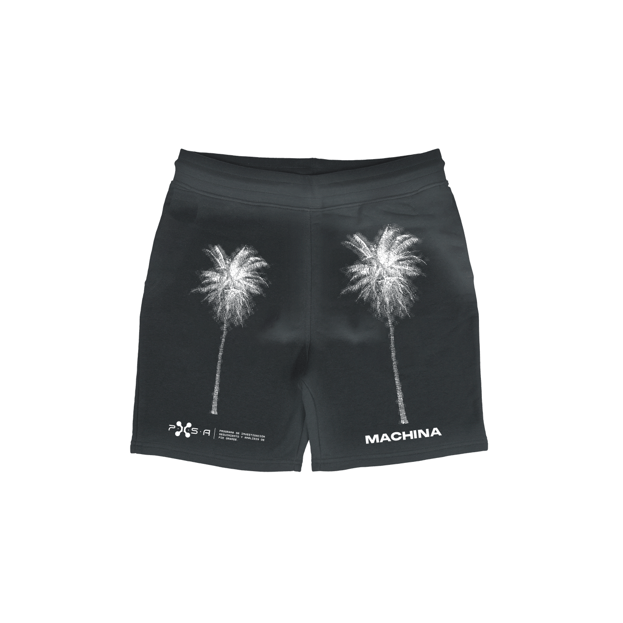 Introducing the Cocora Guardian Shorts from Machina - Wearable Technology, available in sleek black. Crafted from soft French terry cotton, these shorts feature two striking white palm tree prints on the back and the word MACHINA near the bottom, effortlessly blending comfort and style.