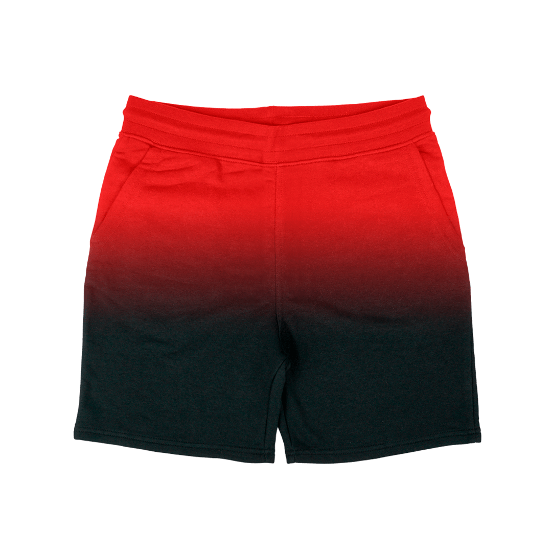Introducing the Crimson Shorts by Machina - Wearable Technology, a limited edition piece featuring a captivating red to black gradient design. Crafted from heavyweight cotton for exceptional durability, these shorts combine style and functionality with side pockets and an elastic waistband.