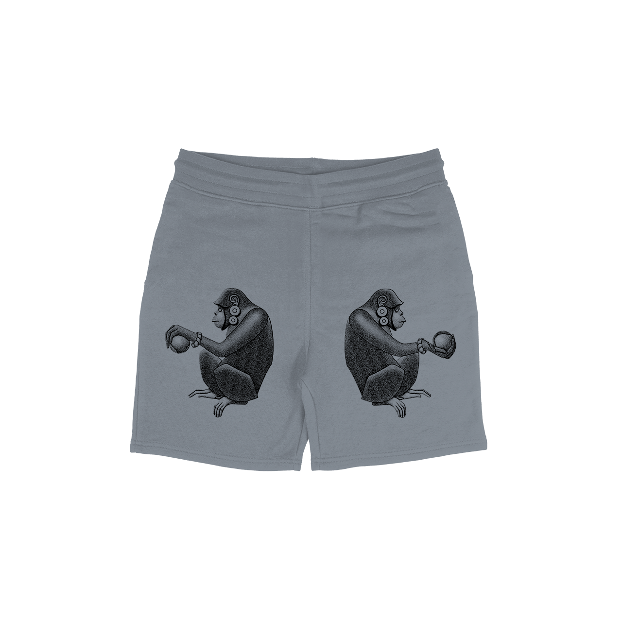 Introducing the Pie Azteca Shorts by Machina - Wearable Technology: gray shorts featuring a symmetrical design with two gorillas, each holding a baseball. They face opposite directions on the back, subtly whispering tales from an Aztec world.