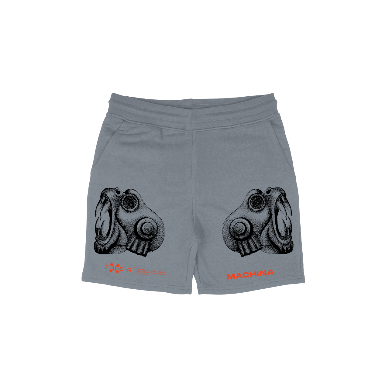 The gray Pie Azteca Shorts from Machina - Wearable Technology showcase large, stylized illustrations of roaring animal faces on each leg. The design is enhanced with detailed mechanical elements that evoke an ancient symbol. The word MACHINA, along with small logos, is printed in red near the hem.