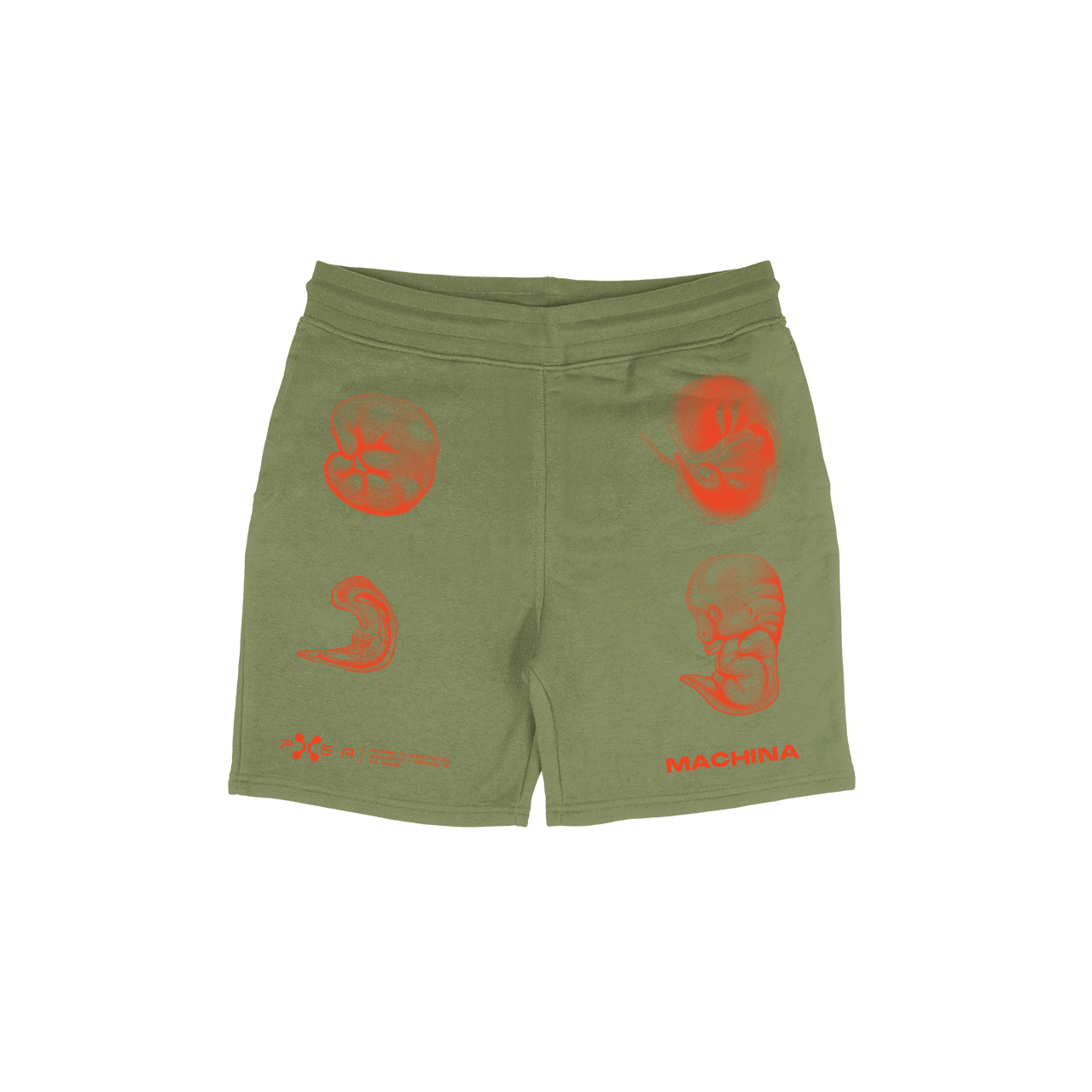 The Pie Grande Embryo Shorts from Machina - Wearable Technology showcase olive green fabric adorned with striking red artistic graphics, including abstract shapes and the brand's logo, MACHINA. These shorts are crafted using a unique dye process and offer a modern, edgy aesthetic with graphics on both the front and back, making them an ideal addition to your distinctive hoodie collection.