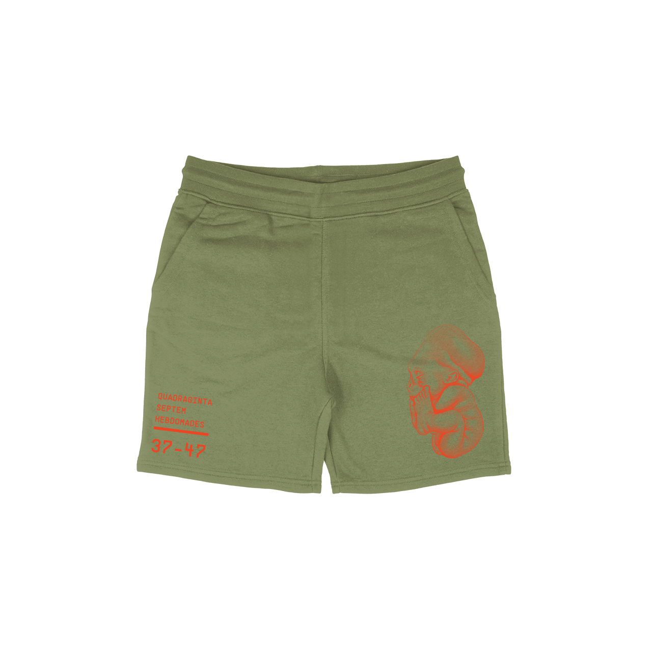 Machina - Wearable Technology's Pie Grande Embryo Shorts are olive green and feature front pockets. The design includes bold red text and graphics on the left side, similar to unique hoodie styles. The text reads "CHAMBERIST SEPT 23 47 HEADQUARTERS" and "37-47," accompanied by a stylized red graphic. These elements are crafted using a distinctive dye process for a standout appearance.