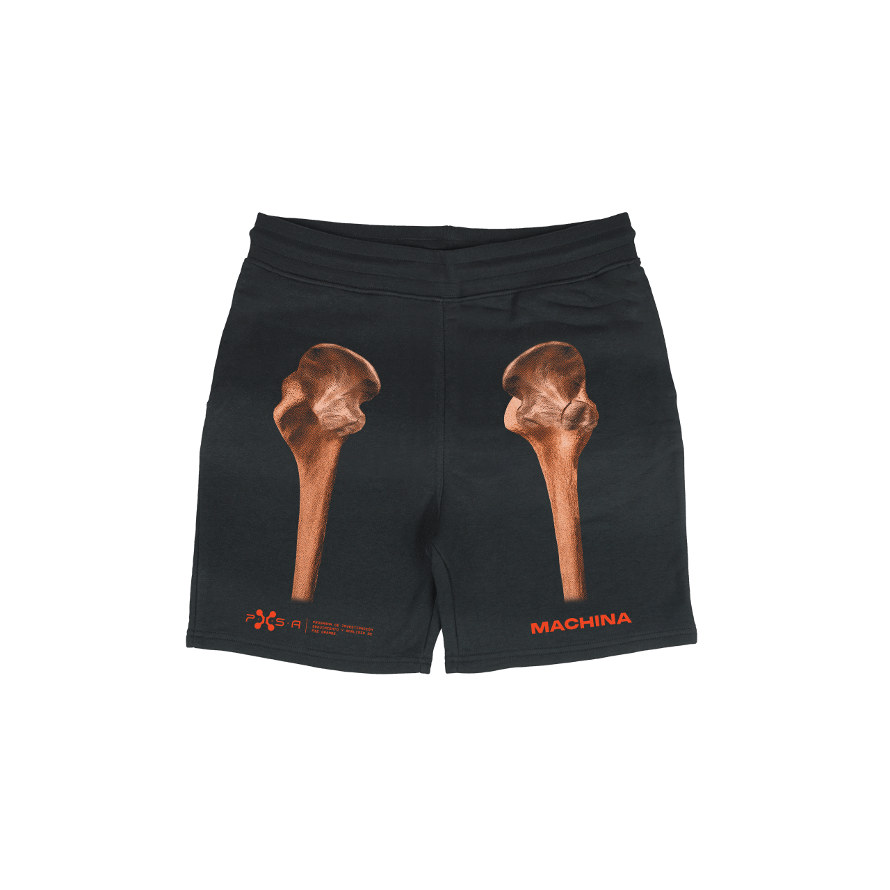 The Pie Grande Skeleton Shorts, part of the Machina - Wearable Technology collection, are black shorts made from French terry cotton with a unique dye. They feature a print of human femur bones on the back and have the word MACHINA boldly printed in orange at the bottom, making them a striking addition to any wardrobe.
