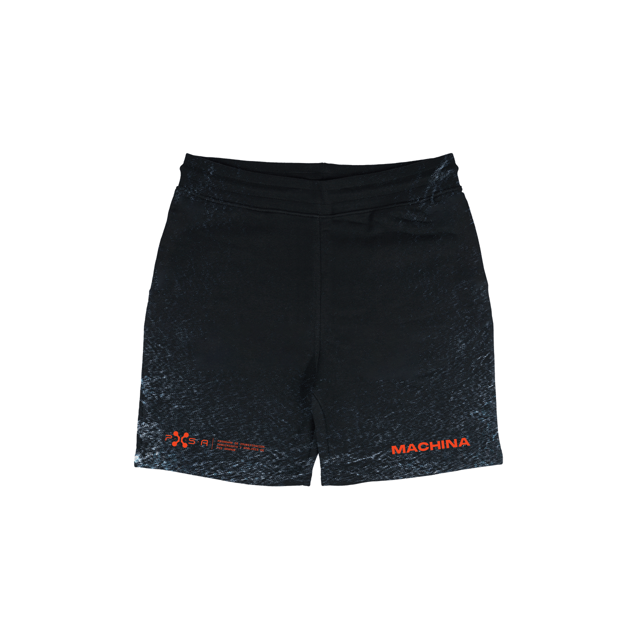 Experience the luxurious feel of the Onisan Shorts from Machina - Wearable Technology. Made from heavyweight French terry cotton, these black athletic shorts showcase a bold red MACHINA logo along with extra red text on the lower left side. The design is completed with a subtle textured pattern and an elastic waistband set against a crisp white background.