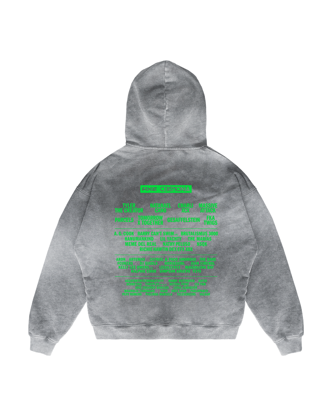 The Quítate la Máscara Hoodie from Machina - Wearable Technology features a rebellious style, showcasing bright green text on the back with colorful highlights for punk emphasis. Its minimalist front and upraised hood reflect streetwear aesthetics perfectly.