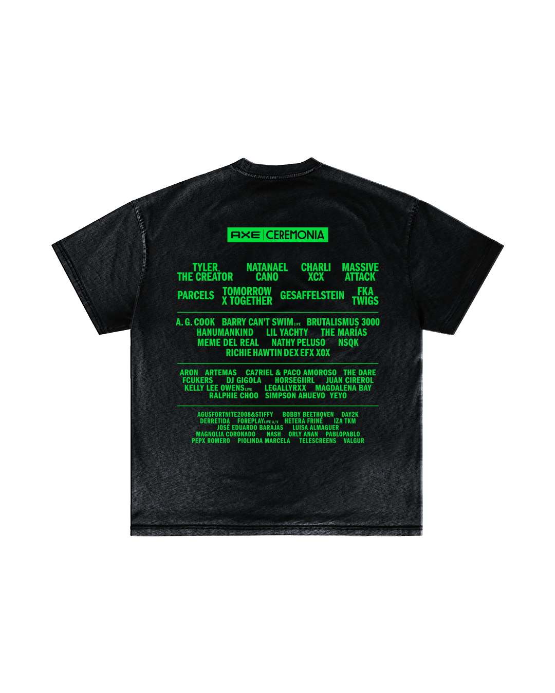 Black t-shirt with the Quítate la Máscara design by Machina - Wearable Technology, featuring bright green prints of artist names like Tyler, The Creator and Charli XCX on the back.
