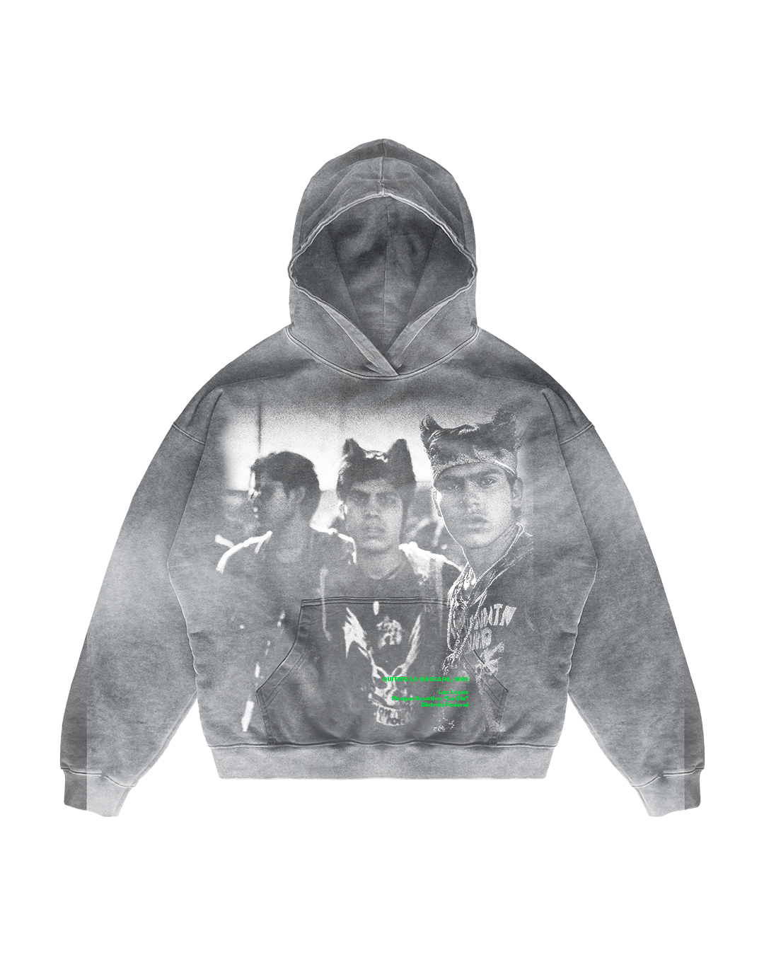 The Quítate la Máscara Hoodie by Machina - Wearable Technology is a gray hoodie with a faded black-and-white print of three people, accented by a small green graphic. Featuring a drawstring and large front pocket, it exudes streetwear vibes, ideal for punk-inspired outings.