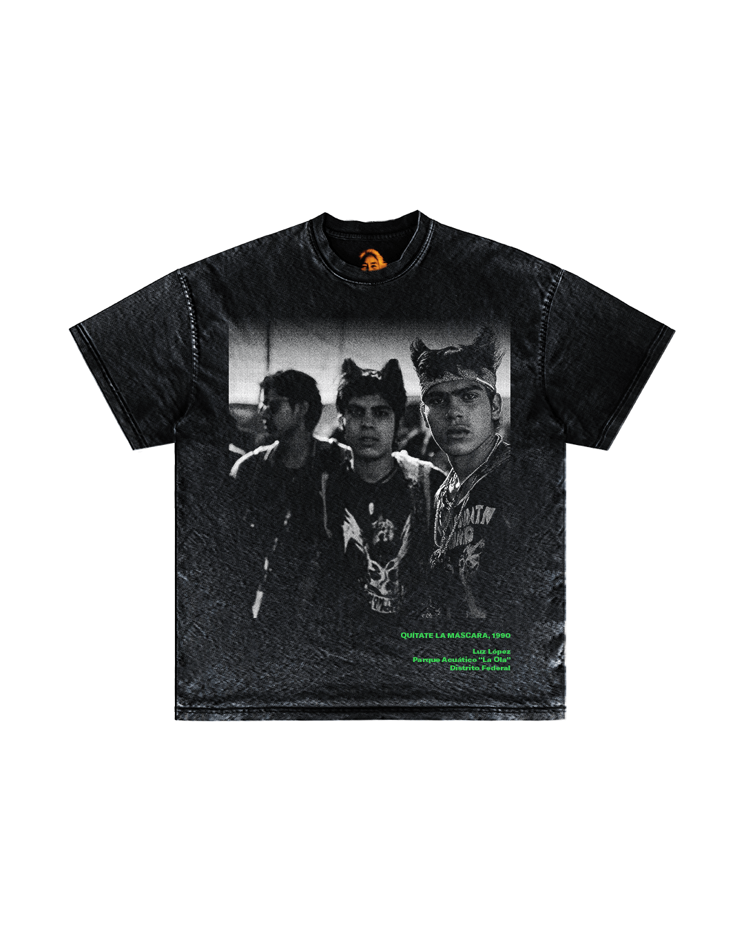The Quítate la Máscara black t-shirt by Machina - Wearable Technology features a grainy black-and-white photo of three young men on the front and green text at the bottom.