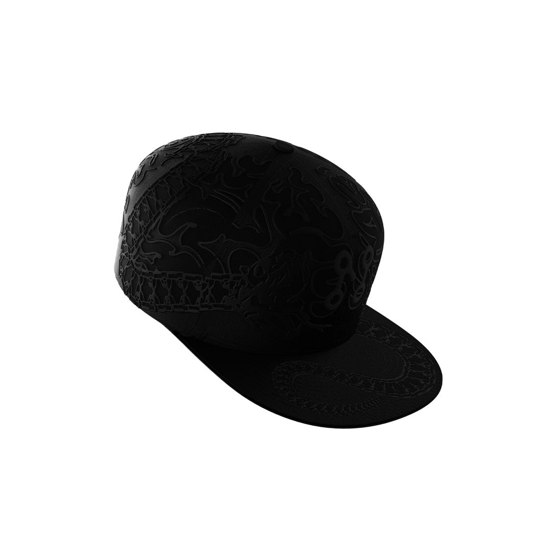 The Neuro Loop Cap by Machina - Wearable Technology is a black snapback adorned with subtle embossed Ouroboros patterns on the crown and brim, shown on a plain white background—perfect for streetwear accessory fans.
