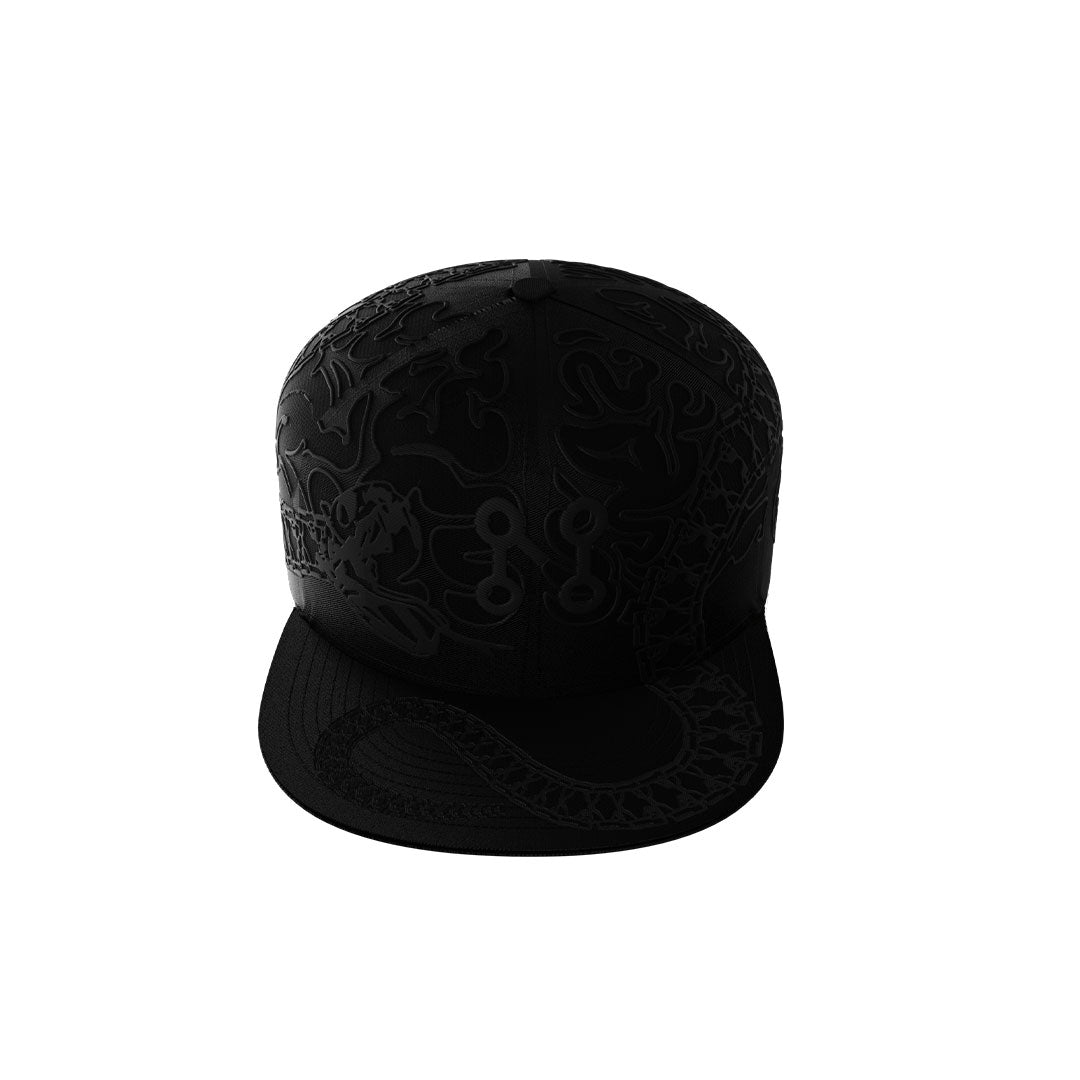 The Neuro Loop Cap by Machina - Wearable Technology features a black design with an embossed dragon on the front panels and brim, shown from a front view against a white background—a bold accessory for streetwear.