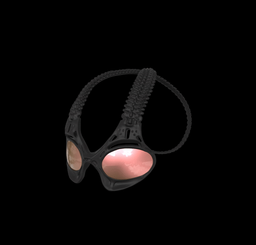 The Eternal Loop sunglasses by Machina - Wearable Technology feature pink-tinted lenses that reflect a cloudy sky, set against black—bold eyewear for those seeking disruptive style, both in and out of the water.