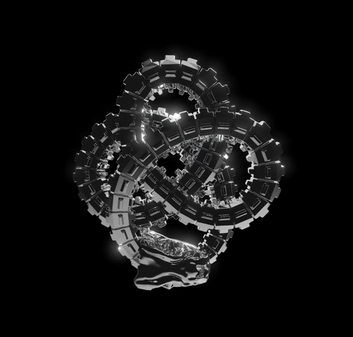 A metallic, abstract geometric sculpture inspired by the Machina - Wearable Technology Ouroboros Knot Ring features interlocking, gear-like rings with glowing accents, set against a solid black background.