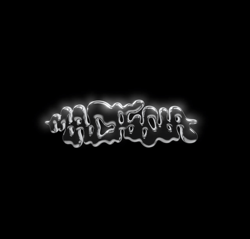 Shiny, metallic liquid text reading “Machina Bubble Melt Pendant” glows at the center on black, resembling molten silver with fluid, melting letterforms. This striking design reflects Machina - Wearable Technology’s organic jewelry style.