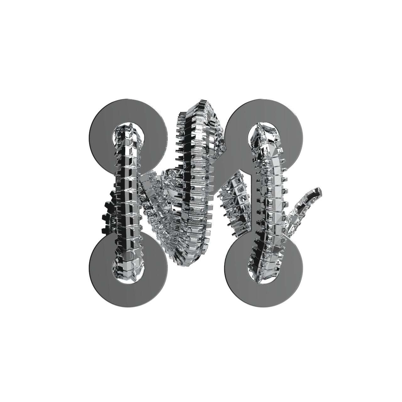 A digital rendering of the Machina Ouroboros Circuit Hydra Pendant by Machina - Wearable Technology, showing metallic, curved segmented forms on four flat circular bases against a white background.