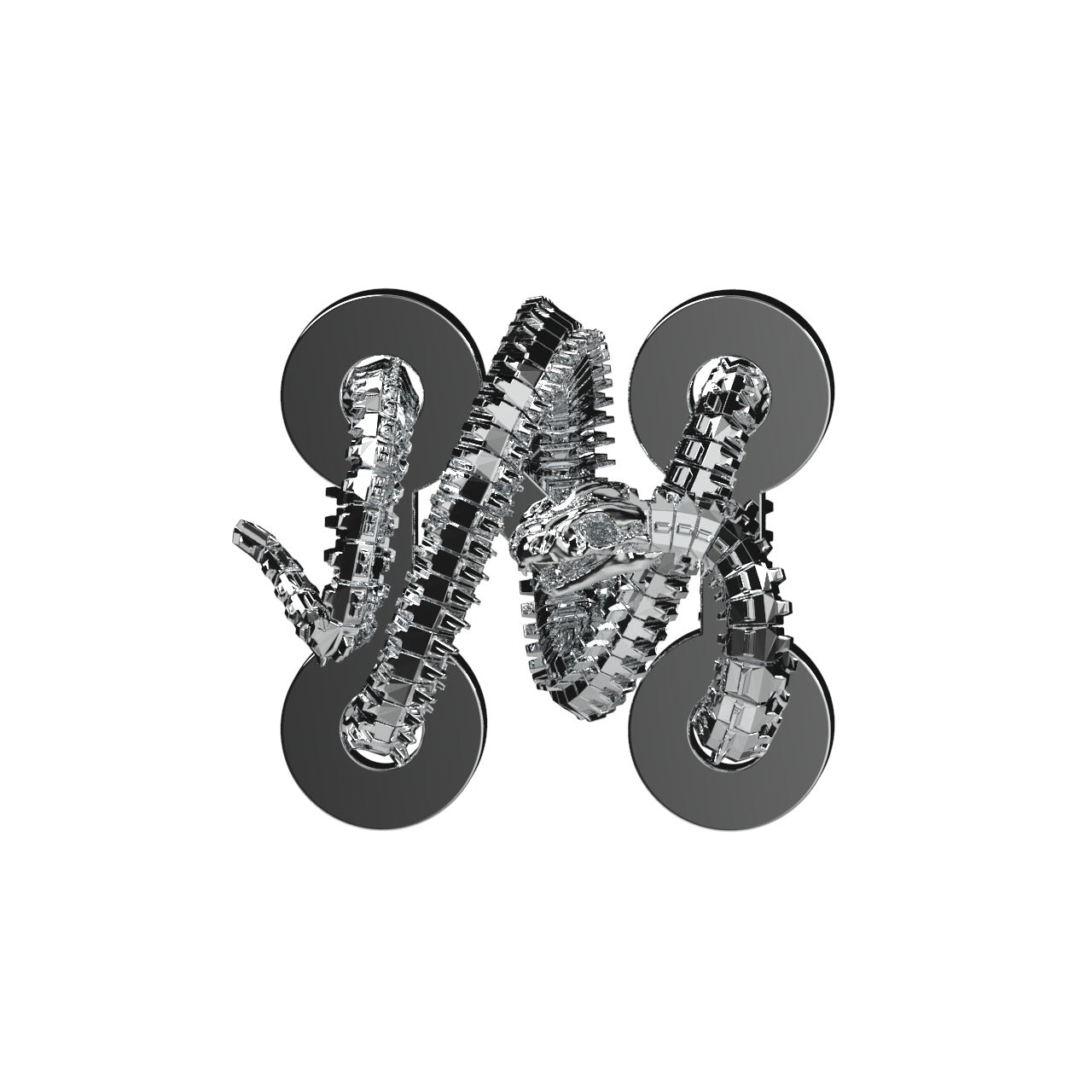 A metallic, abstract form inspired by the Machina Ouroboros Circuit Hydra Pendant by Machina - Wearable Technology features a shiny, segmented, snake-like design weaving around four black discs set in a square on white.