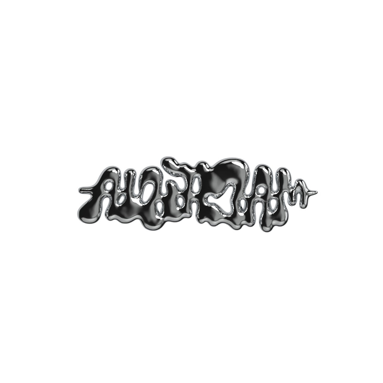 Shiny black and silver liquid-like text in a dripping, abstract font on white, echoing the Machina Bubble Melt Pendant by Machina - Wearable Technology.