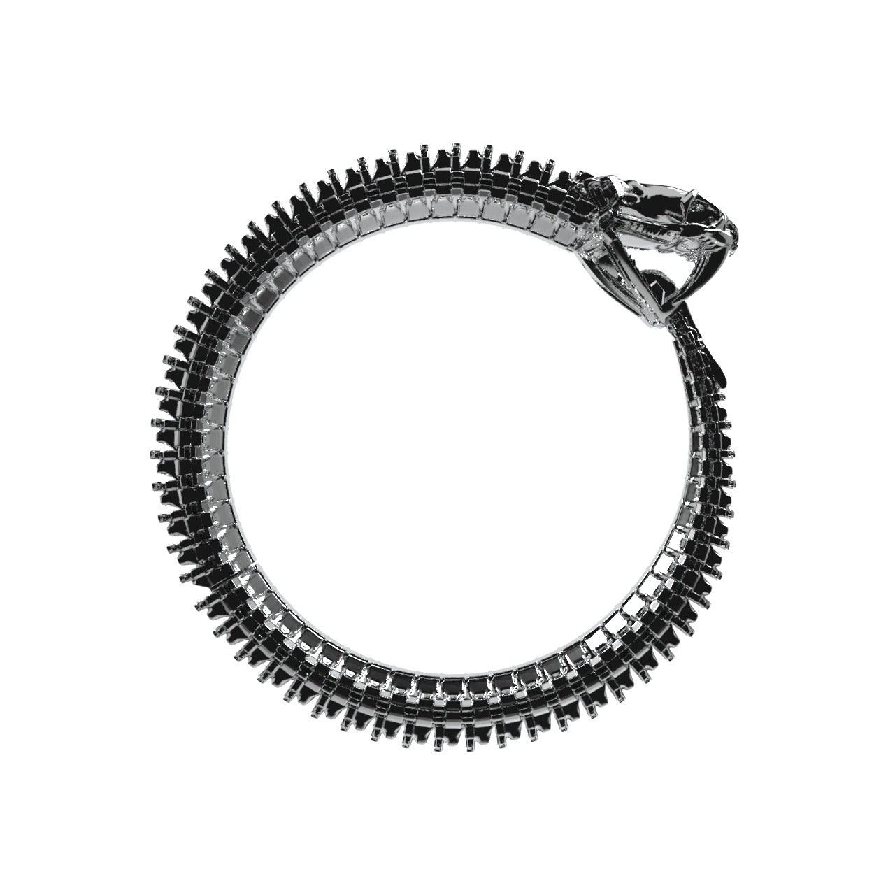 The Ouroboros Titan Bracelet by Machina - Wearable Technology features a metallic zipper in a seamless circular design, resembling a silver bracelet with the pull attached to the closed ends, forming a continuous loop on a white background.