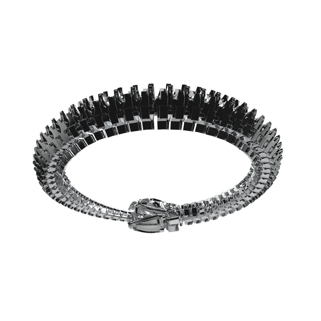 The Ouroboros Titan Massive Chain by Machina - Wearable Technology is a bold, circular silver bracelet featuring a detailed zipper pull clasp at the front, displayed on a white background.