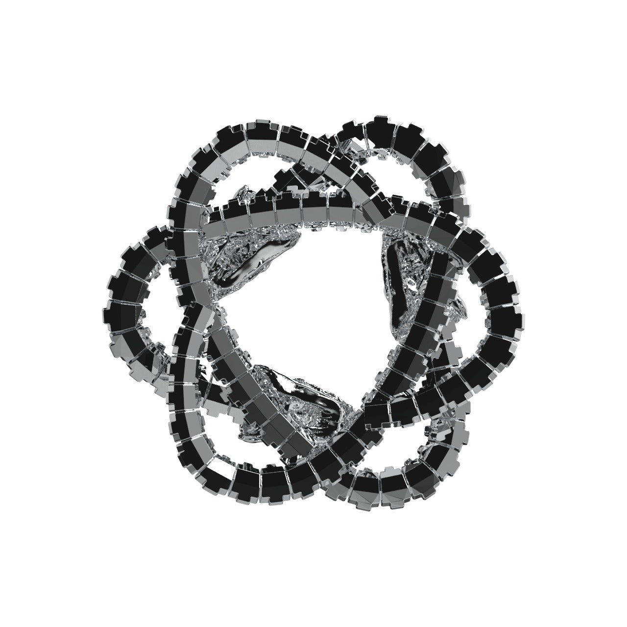 The Ouroboros Trinity Pendant by Machina - Wearable Technology features three reptilian skulls entwined with a geometric black and grey segmented torus, inspired by biomechanical jewelry, set against a white background.