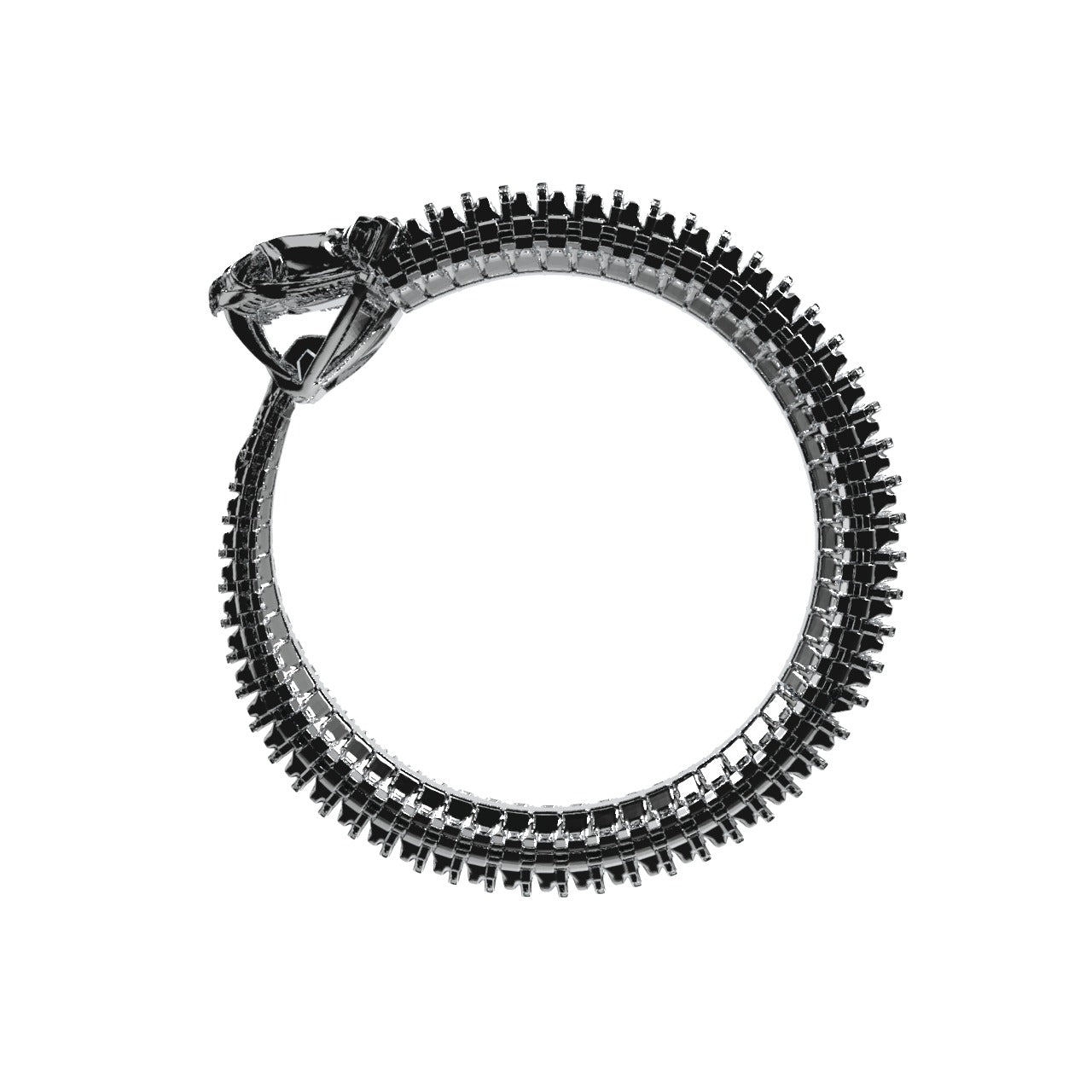 The Ouroboros Titan Bracelet by Machina - Wearable Technology features a metallic zipper forming a perfect circle, with one end resembling a snake's head biting the other, echoing the ancient ouroboros symbol against a white background.