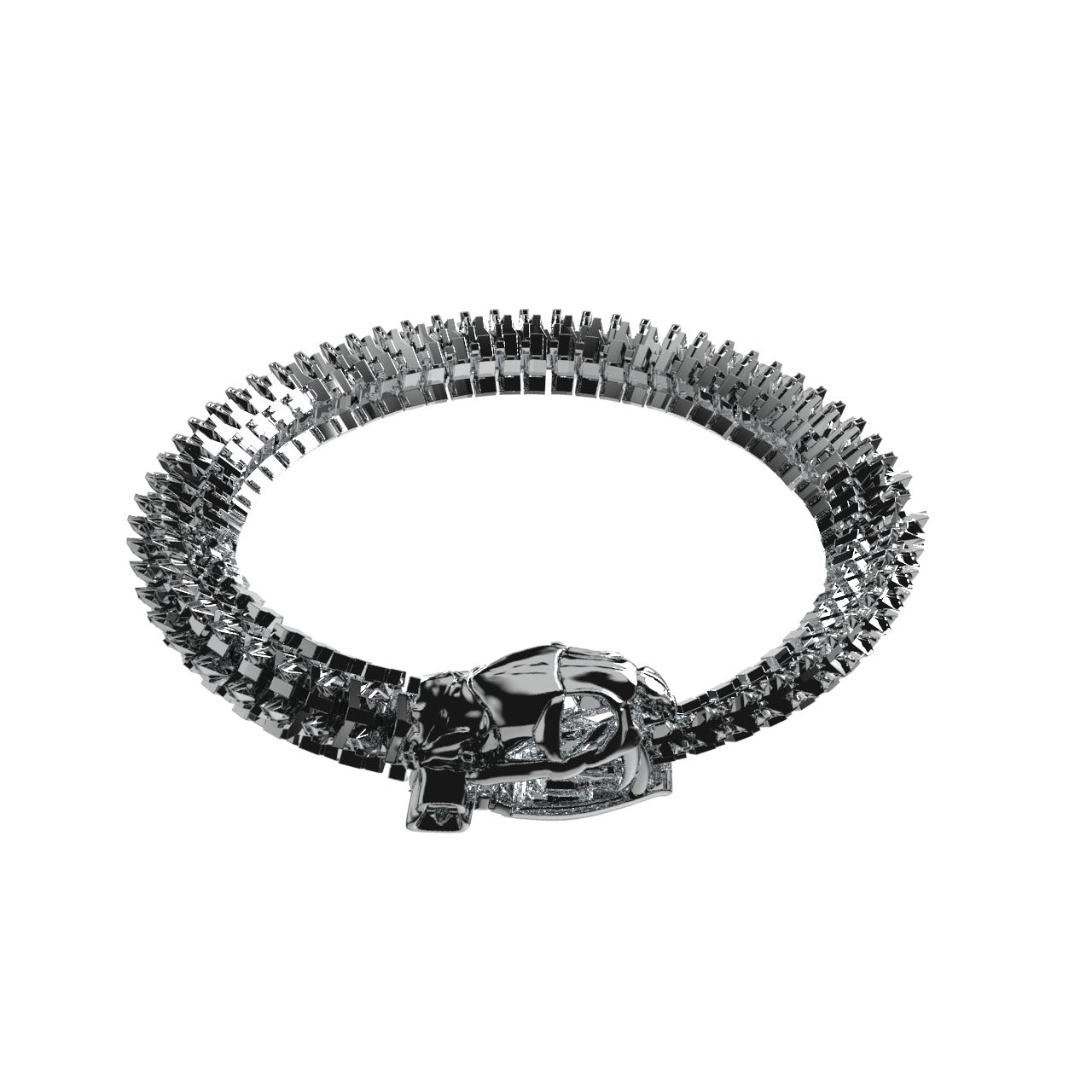 The Ouroboros Titan Massive Chain by Machina - Wearable Technology is a bold silver bracelet featuring detailed links and a clasp inspired by industrial design, showcased on a plain white background.