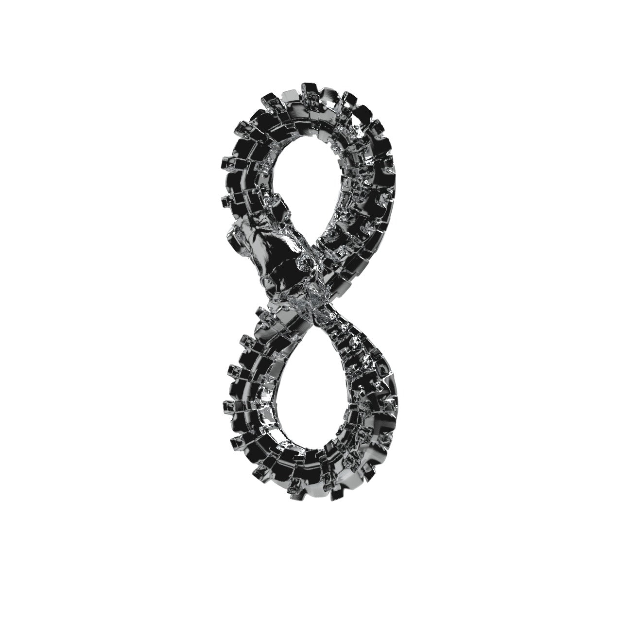 The Ouroboros Infinity Serpent Pendant by Machina - Wearable Technology features a shiny, jagged, gear-like design shaped as the number eight with mechanical details, resembling an infinity serpent on a white background.