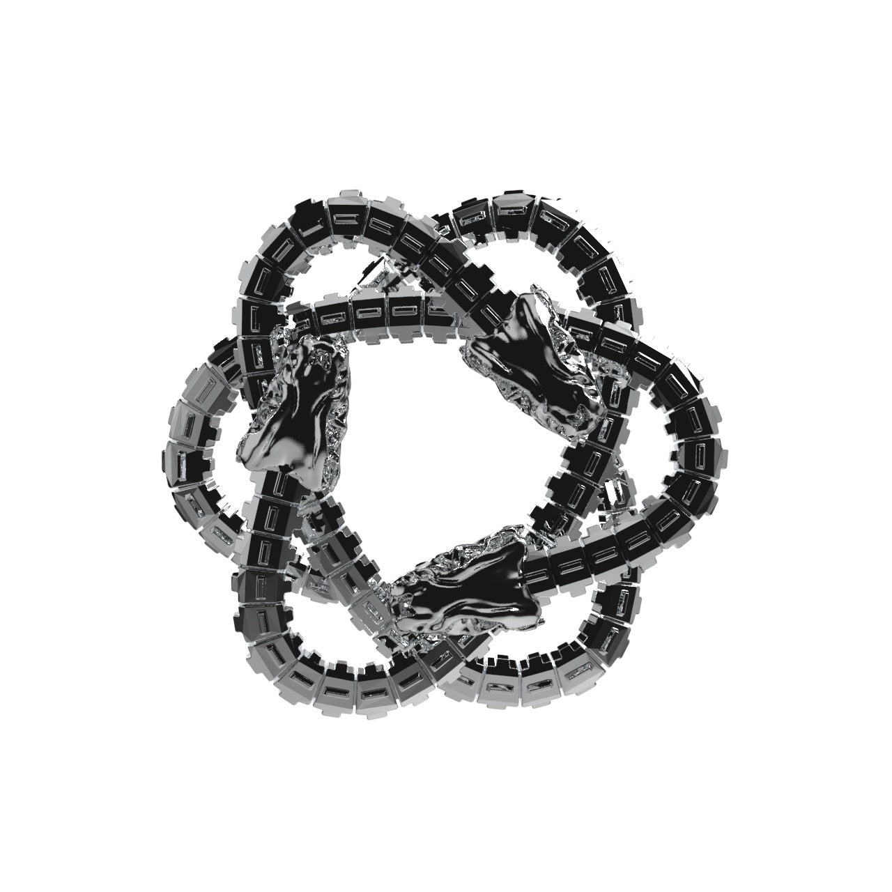 A digital rendering displays the Machina - Wearable Technology Ouroboros Trinity Pendant: three segmented, metallic, snake-like forms with wolf or dragon heads, knotted together in a glossy, monochrome finish for a futuristic biomechanical jewelry look.