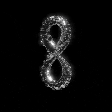 The Ouroboros Infinity Serpent Pendant by Machina - Wearable Technology shines as a silver, crystalline number 8, rotating slowly against a black background and reflecting light with each spin.
