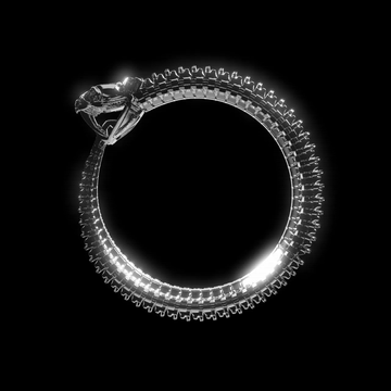 The Machina Ouroboros Titan Bracelet features a glowing, metallic serpent design with futuristic scales, symbolizing eternity. This unique silver men’s bracelet is perfect for making a bold statement.