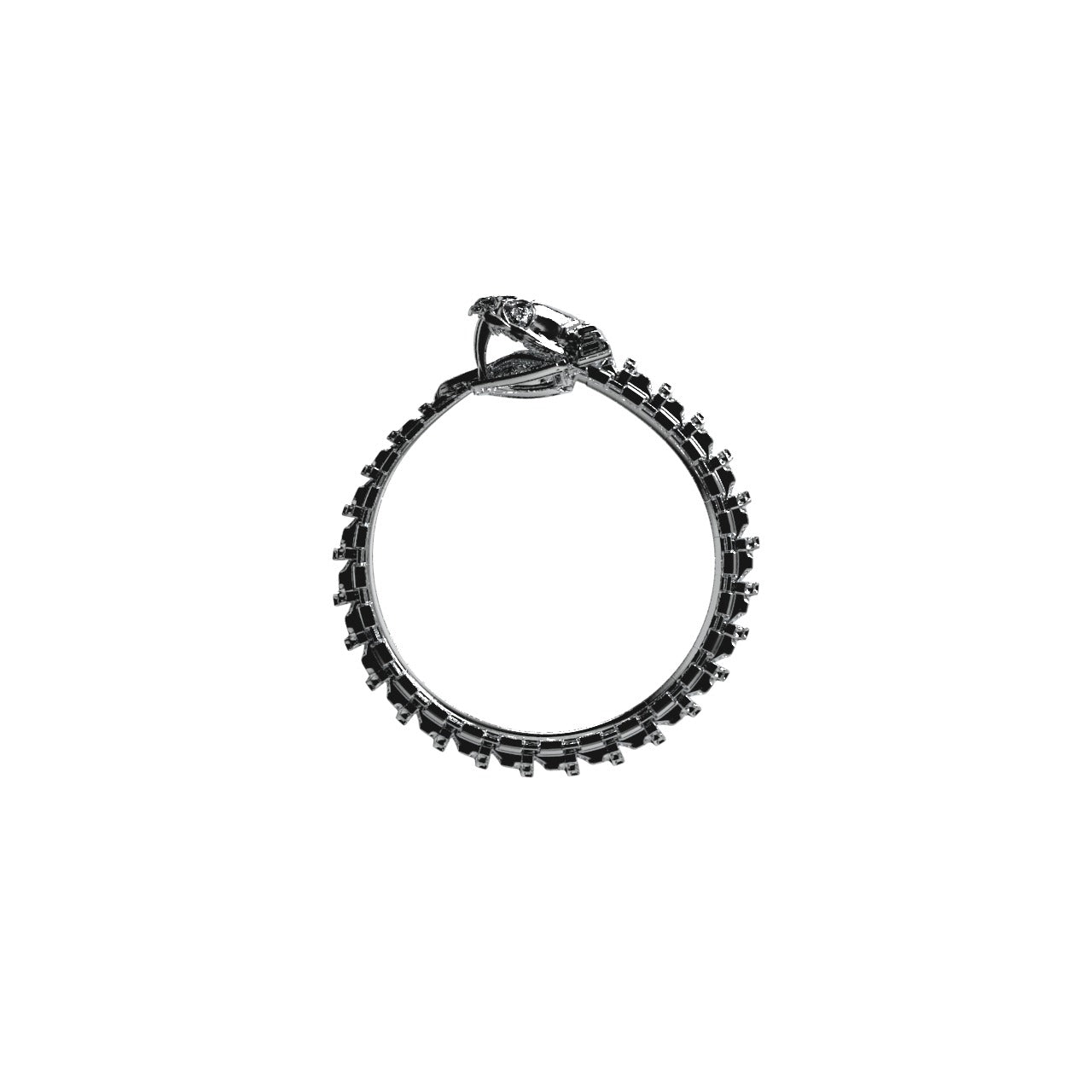 The Ouroboros Ring by Machina - Wearable Technology is a silver serpent ring featuring small dark stones set around the band, displayed from the side on a white background.