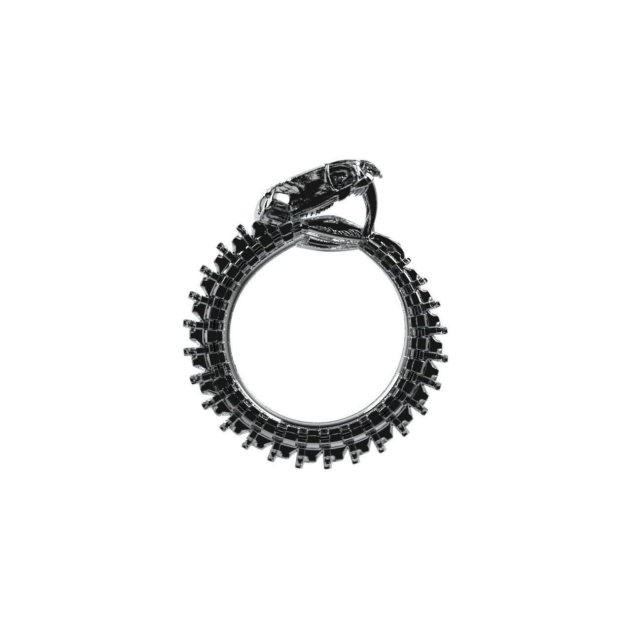 The Ouroboros Chunky Ring by Machina - Wearable Technology is a metallic, tire-shaped piece with detailed tread and a sculpted car on top, designed to evoke automotive parts in bold biomechanical style.