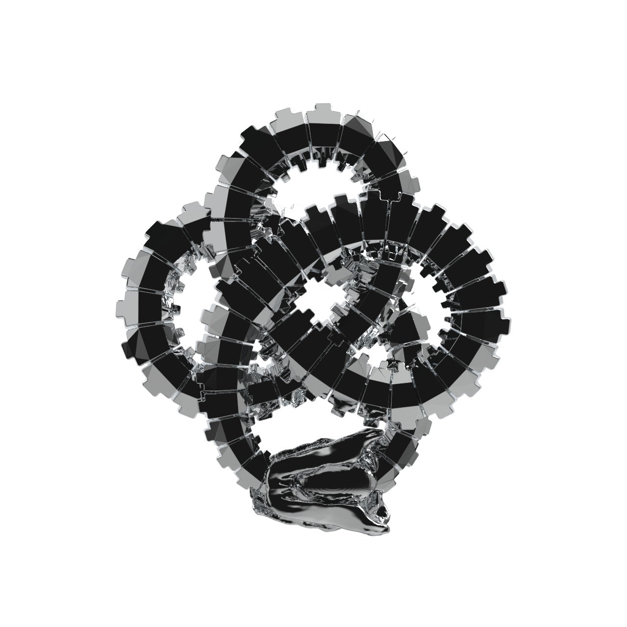 The Ouroboros Knot Ring by Machina - Wearable Technology features a metallic black and silver loop with gear-like edges and a glossy black organic form at its base, all displayed against a white background.