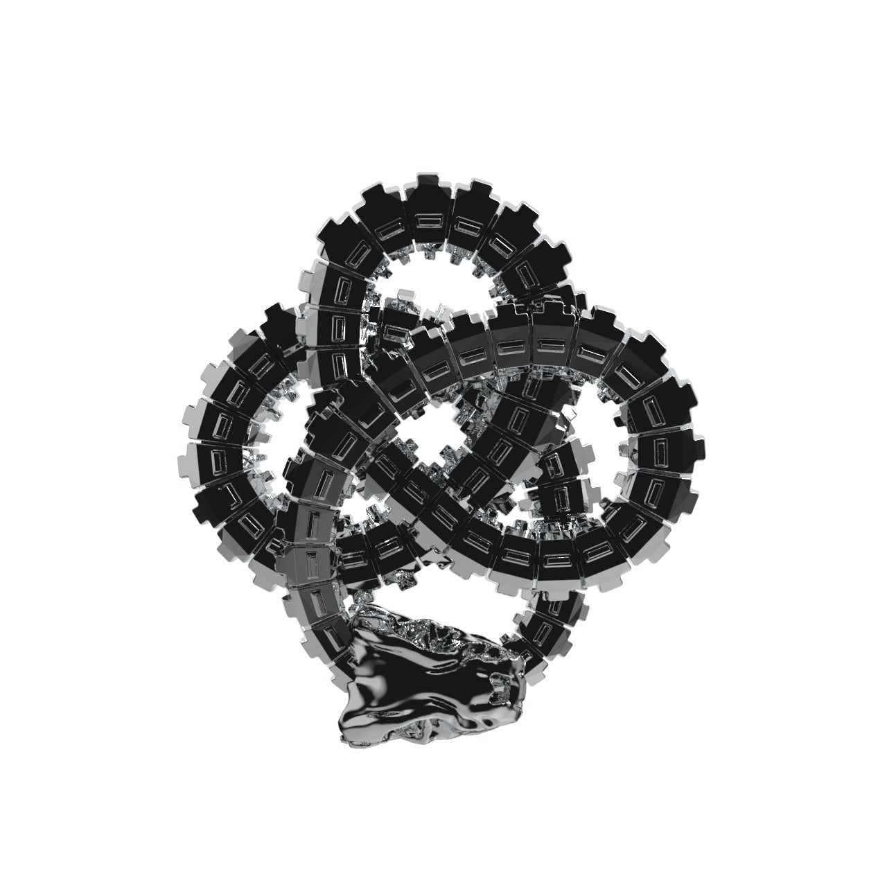 The Ouroboros Knot Ring by Machina - Wearable Technology features a shiny, metallic, snake-like form with geometric, segmented gears and an angular head, coiled into a complex knot on a plain white background.